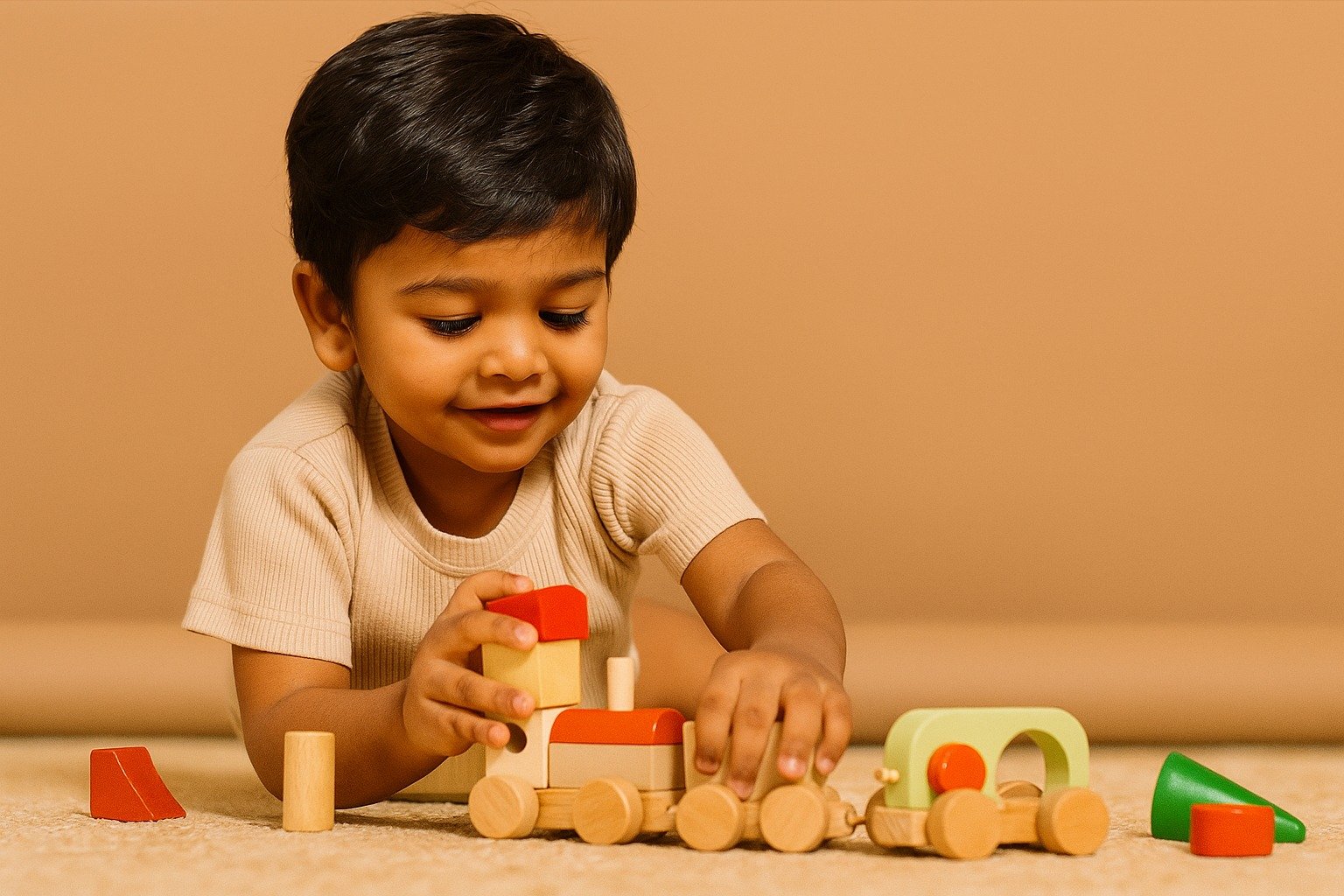 Toddler playing with a Kalki Woods wooden train set