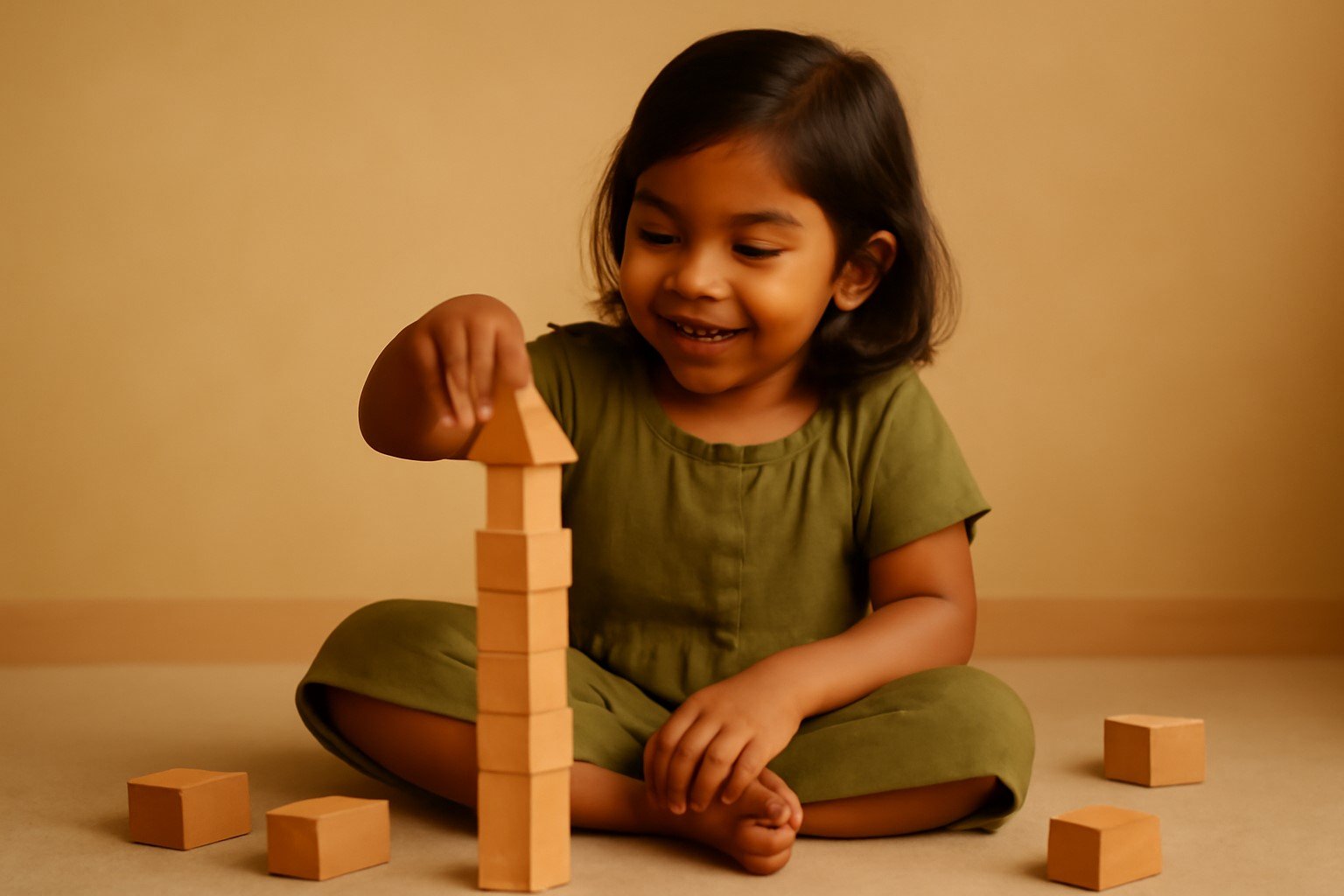 Child playing with wooden toys